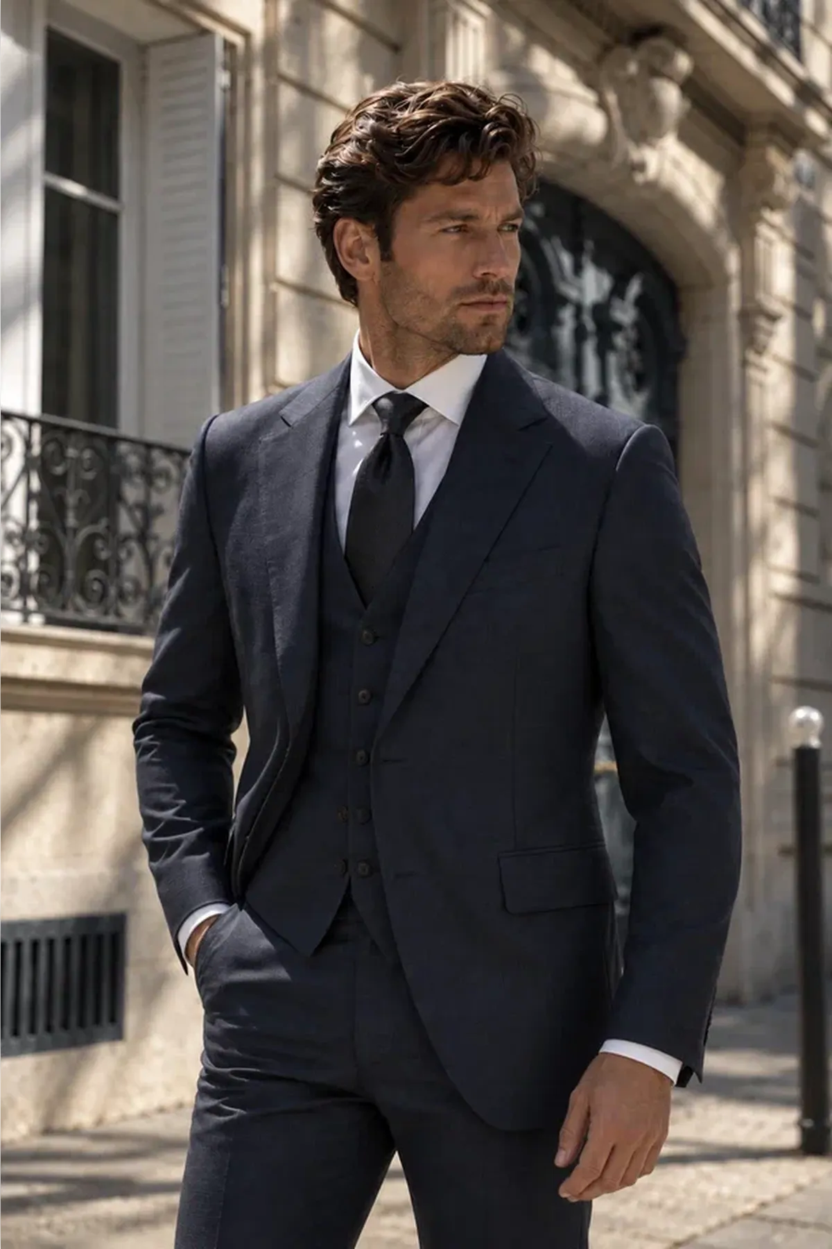Мужской костюм тройка черный Cristian